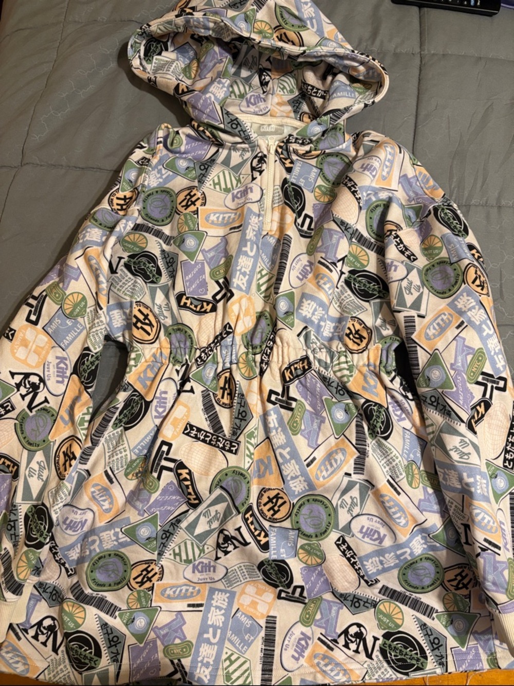 Kith Kids Girls Hooded Dress in Cream, Lavender, Green and Black Badge Print